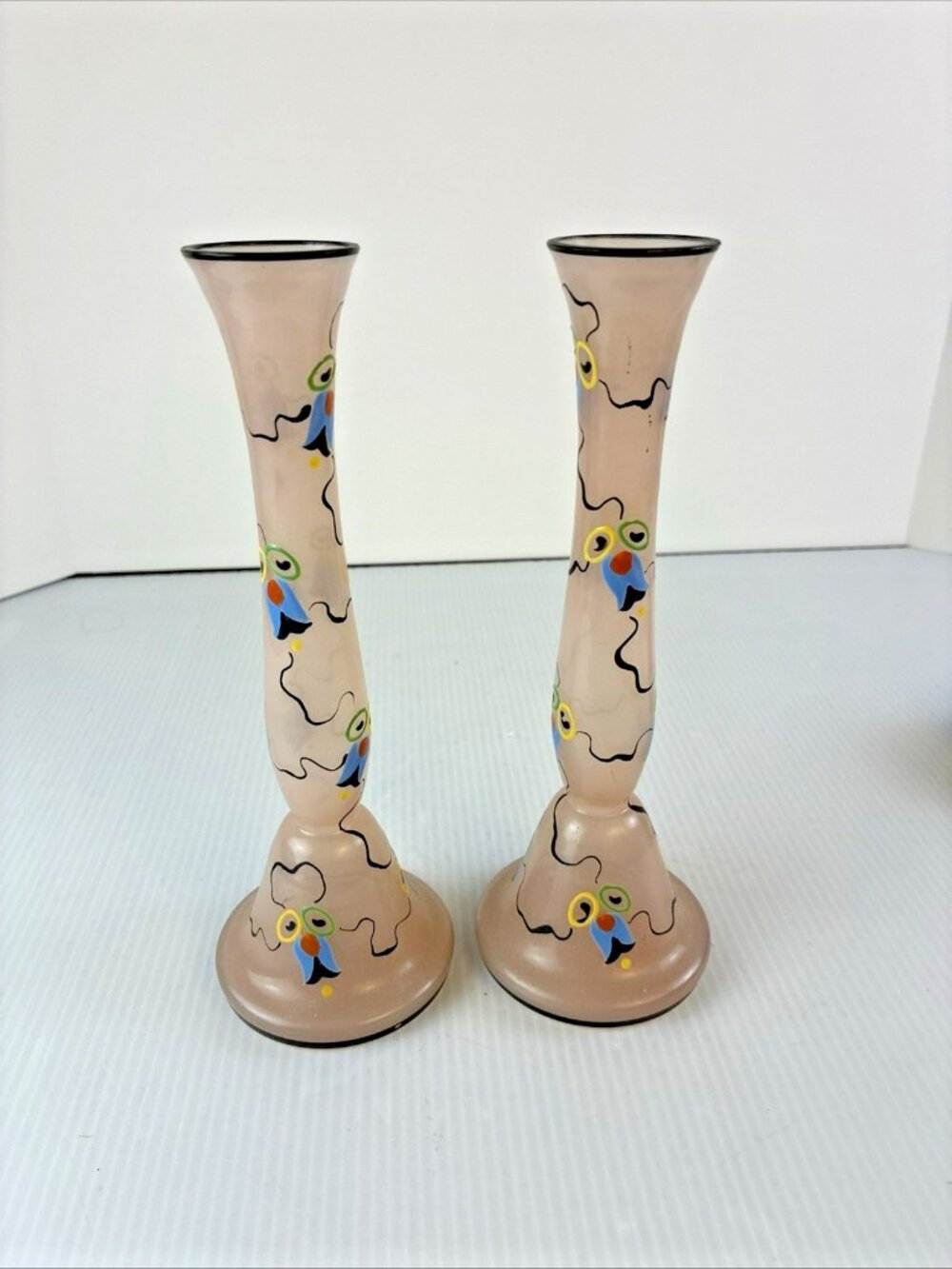 Set 2 Antique Czech Art Glass Pink Bud Vases Handpainted Abstract Poodle 8 1/4"